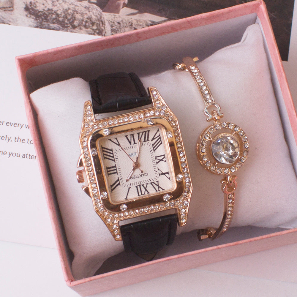 Fashion women's watchWeChat Hot-Selling Square Watch Cross-Border Foreign Trade Rhinestone Women's Roman Two-Piece Set Gift Casual Quartz Women's Watch