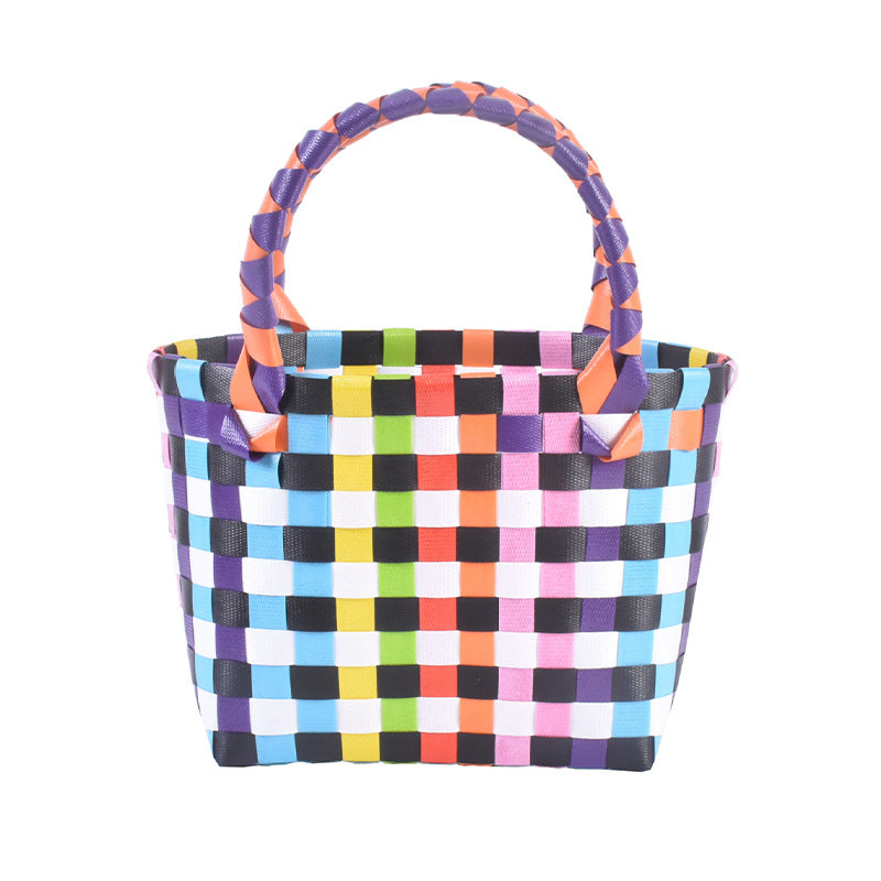 Dopamine Bag Free shipping Tattoo Cartoon dopamine plastic woven bag, trendy macaron hand-woven vegetable basket bag, cute casual seaside beach bag