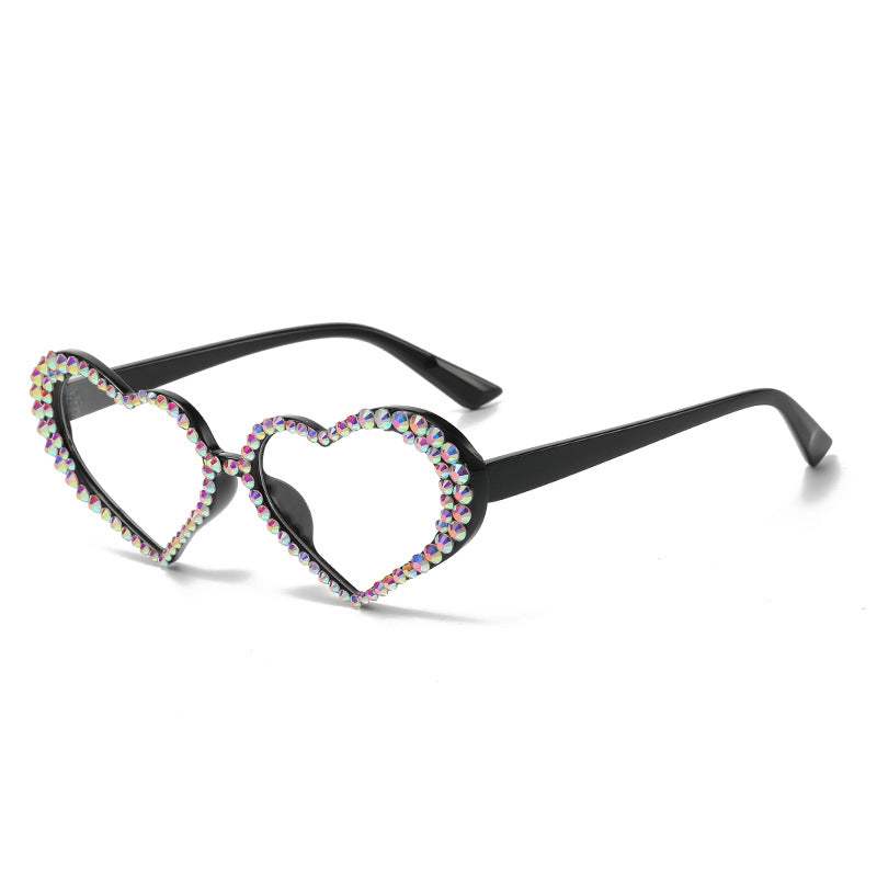 Women's fashion glasses 2023跨境爱心镶钻猫眼太阳镜桃心女士墨镜防紫外线手工钻石眼镜