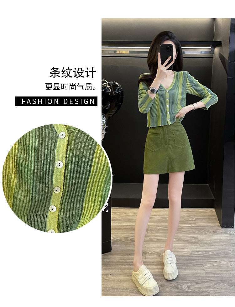 Dopamine dress Free shipping Tattoo Korean version of dopamine wear fashion temperament autumn new women's clothing knitted cardigan long sleeve green high waist short skirt tide