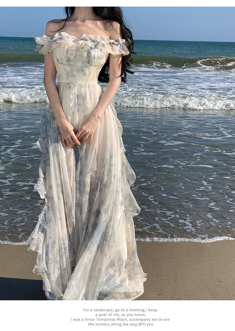 Fashion women's wear Seaside Vacation Style Suspender Skirt Yarn French Ruffled Beach Dress Atmosphere Long Skirt Elegant Fairy Style