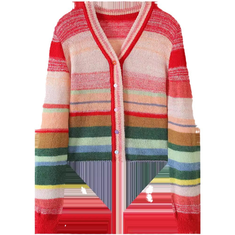 Dopamine tops Free shipping Tattoo Cross-border dopamine rainbow contrasting stripes knitted cardigan women's autumn new lazy age-reducing loose and sweet sweater