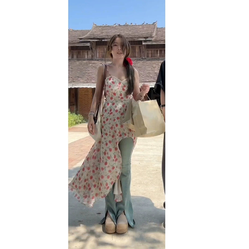 Fashion women's wear Summer High-Grade Floral Strap Dress Women's Dress Women's Dress 2024 Summer New Irregular Long Dress Spring and Summer