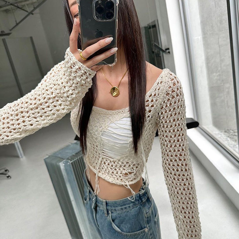Fashion women's wear  Women's Clothing 2024 New Woolen Blouse Broken Hole Design Sexy Hot Girl Style Short Long Sleeve Top Wholesale