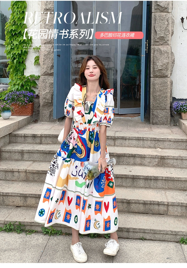 Dopamine dress Free shipping Tattoo Dopamine graffiti print dress women's summer 2024 new color art raw bubble sleeves age-reducing and thin dress