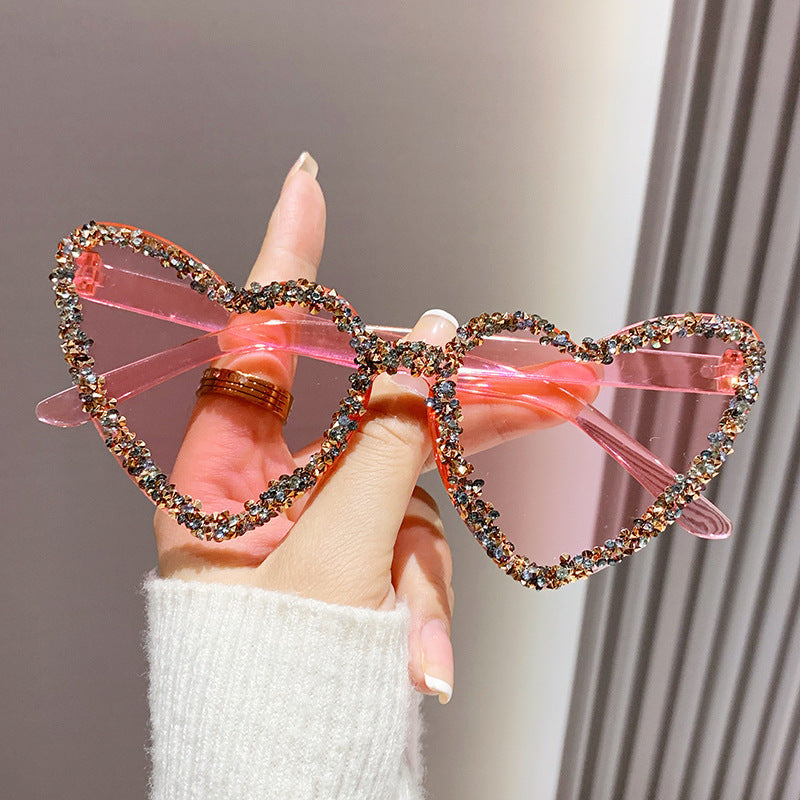 Women's fashion glasses 糖果色爱心镶钻太阳镜女士欧美潮流桃心无框海洋镜片派对墨镜