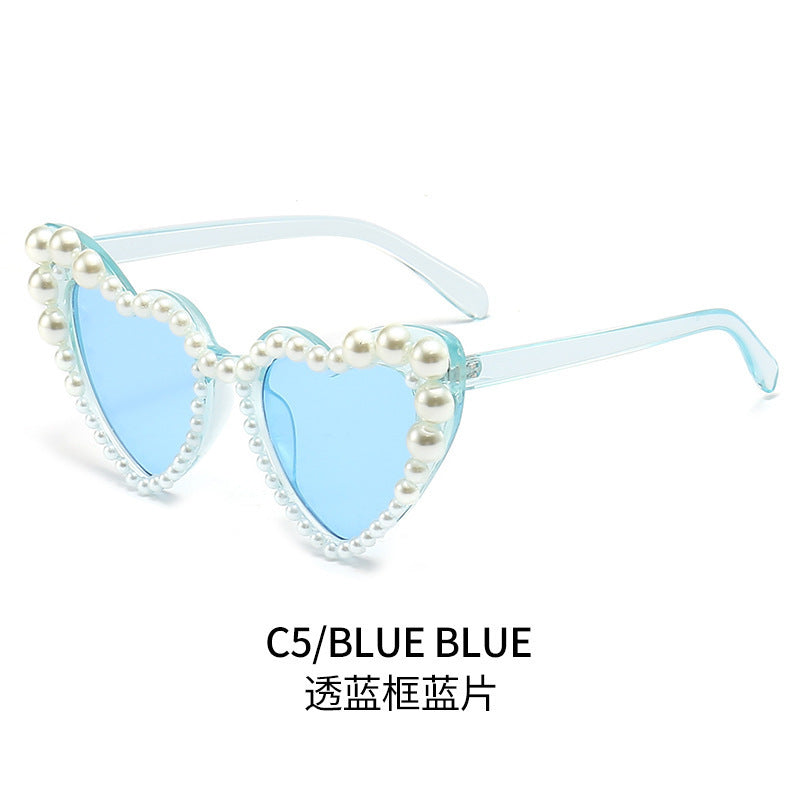 Women's fashion glasses 欧美潮流舞会ins爱心镶珍珠墨镜女沙滩桃心太阳镜时尚拍照眼镜