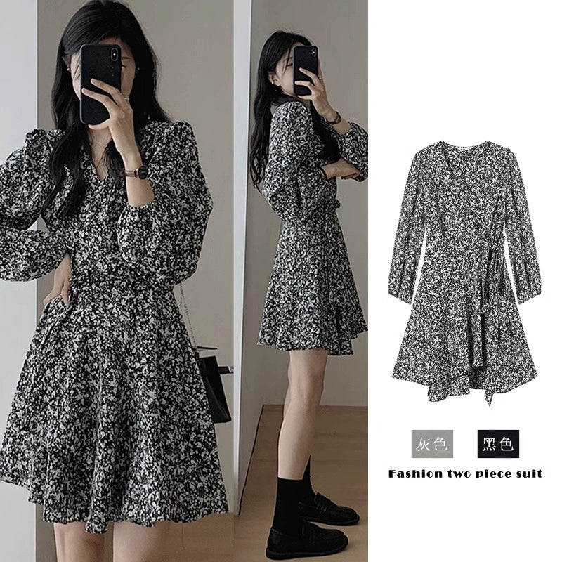 Fashion women's wear French Style Temperament High-Grade Floral V-neck Long-Sleeve Dress Children's Spring 2024 New Inner Wear Cinched Short Dress