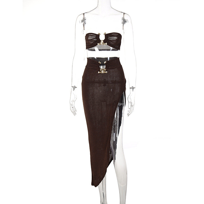 Fashion women's wear  Women's Clothing New Tube Top Open Navel Backless Top Sexy Slit Sheath Skirt Two-Piece Set