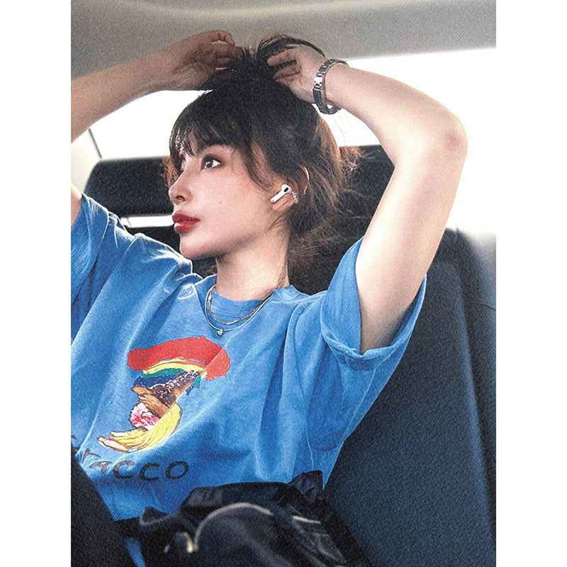 Dopamine tops Free shipping Tattoo Dopamine wears foreign-style age-reducing tops, European popular loose casual short-sleeved t-shirts, women's ins tide MX3333