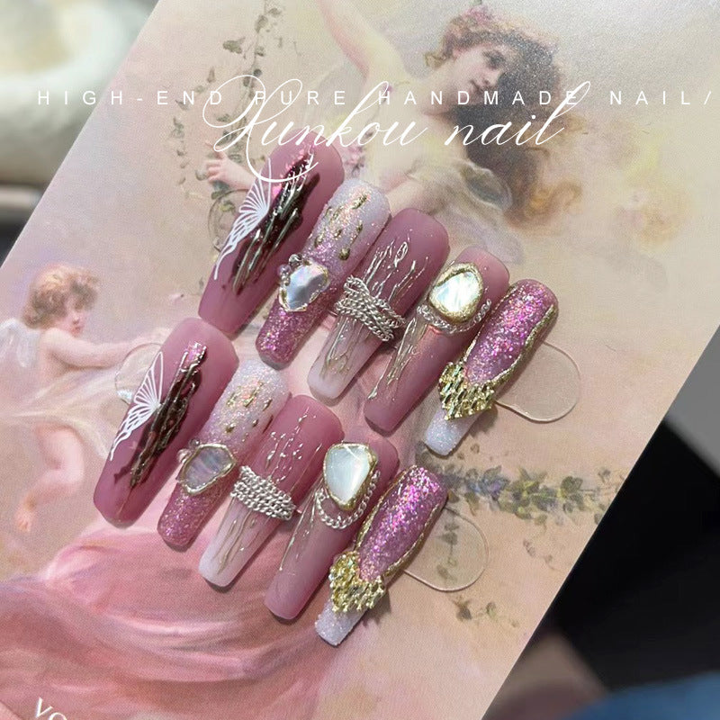 (Hand-Made Nail) Nail Fairy Flashing Pink Gradient Butterfly Chain Irregular Shell Gentle Blooming Handmade Wear Nail