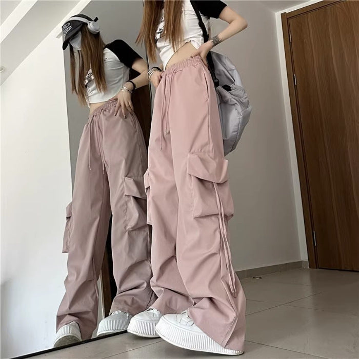 Fashion women's wear American Retro Quick-Drying Overalls Women's Three-Dimensional Pocket High Waist Straight Wide Leg Ribbon Loose Casual Mopping Trousers