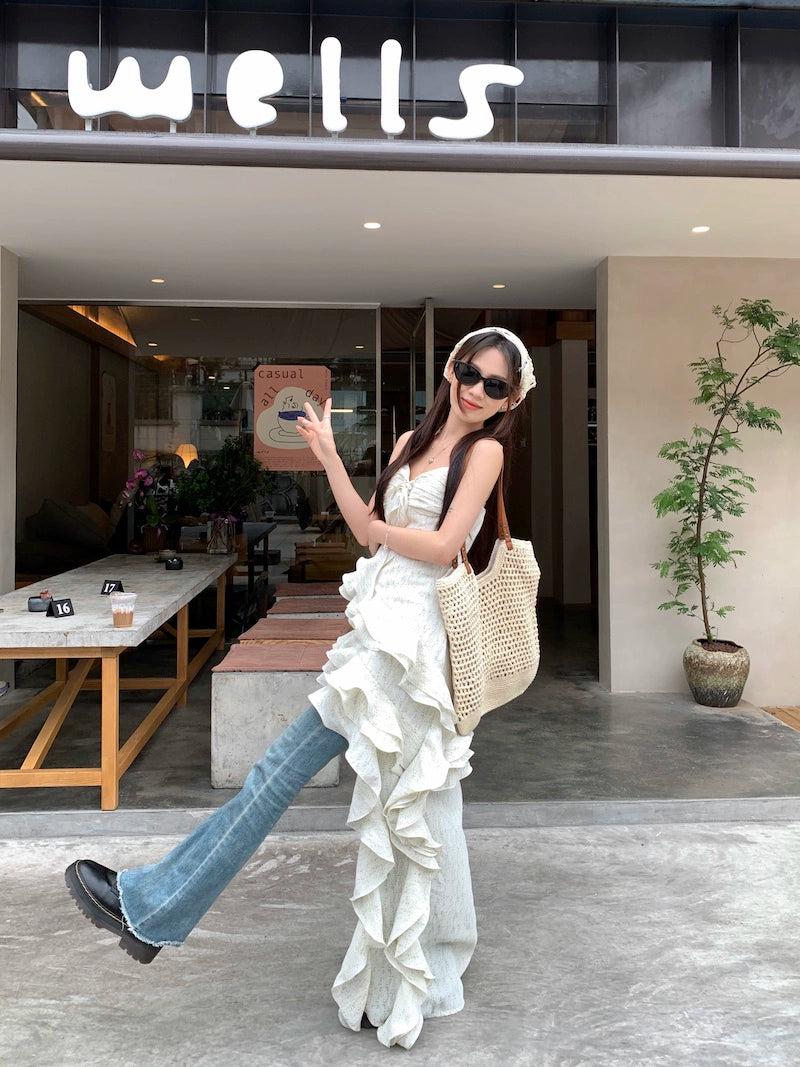 Fashion women's wear Tea Break French Irregular Ruffled Floral Strap Dress Women's Summer High-Grade Sense Beautiful Seaside Vacation Dress