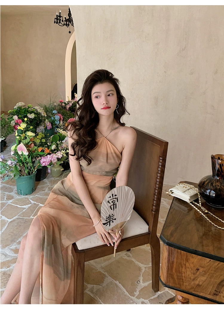 Fashion women's wear Chiffon Niche Sleeveless Split Halter Spaghetti Straps Dress Retro Hong Kong Style Tight Waist Seaside Vacation Dress Beach Dress