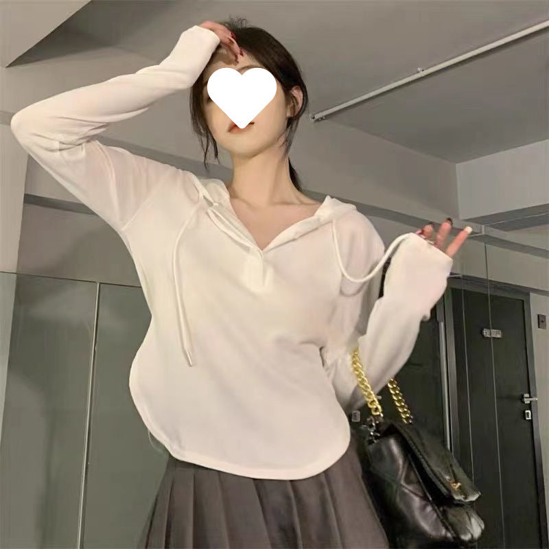 Dopamine tops Free shipping Tattoo Hooded bottoming shirt women's autumn Korean version 2024 new design slim T-shirt sweet cool babes long-sleeved top tide