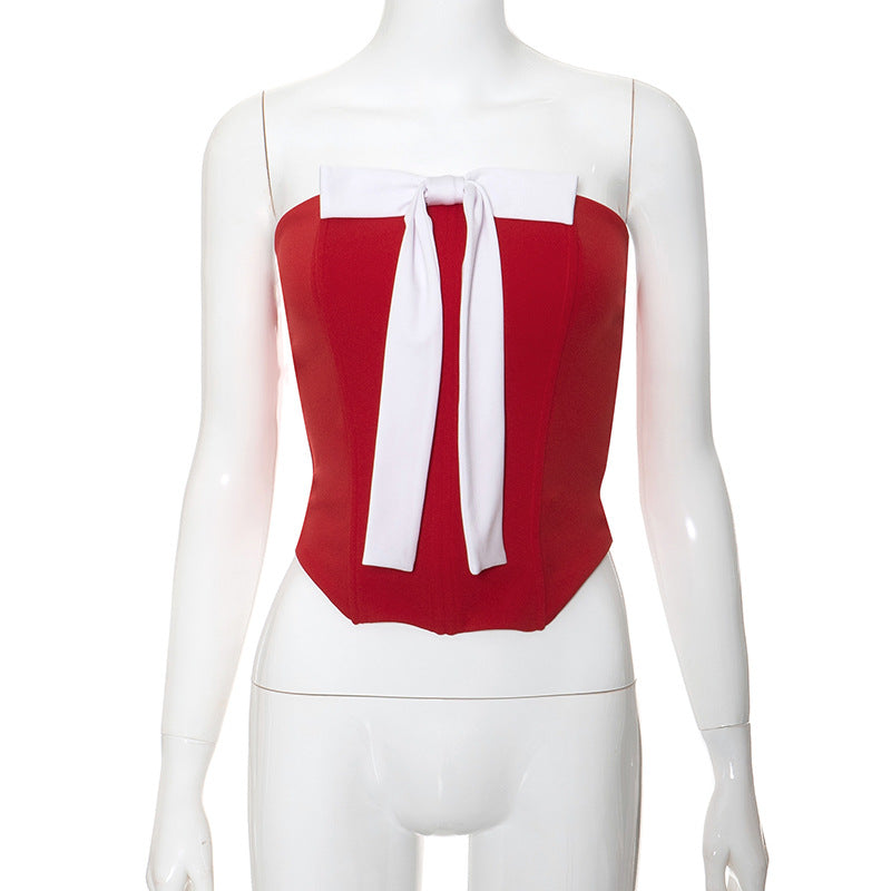 Fashion women's wear Q23tp722  Hot Girl Contrast Color Bow Three-Dimensional Decoration Fishbone Tube Top Women's All-Match Date New