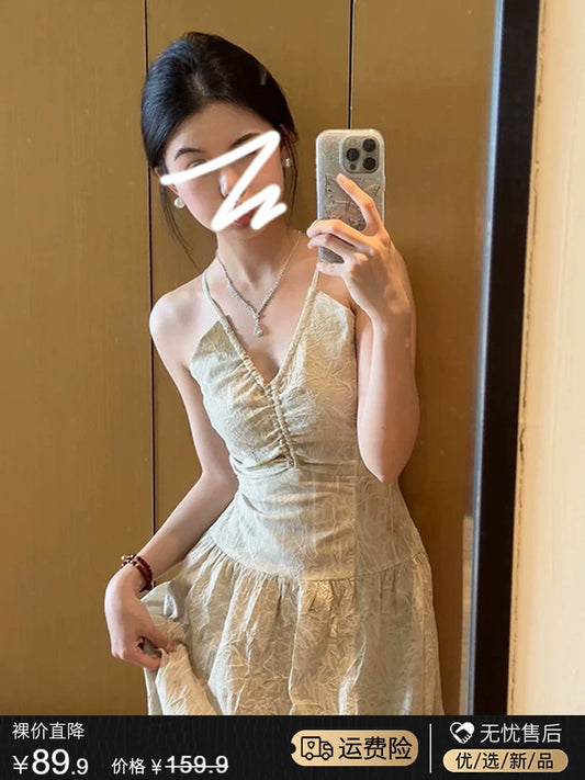Fashion women's wear French Style V-neck Halter Sleeveless Sling Dress 2024 New Spring and Summer Design Sense Niche Waist-Slimming Long Dress Children