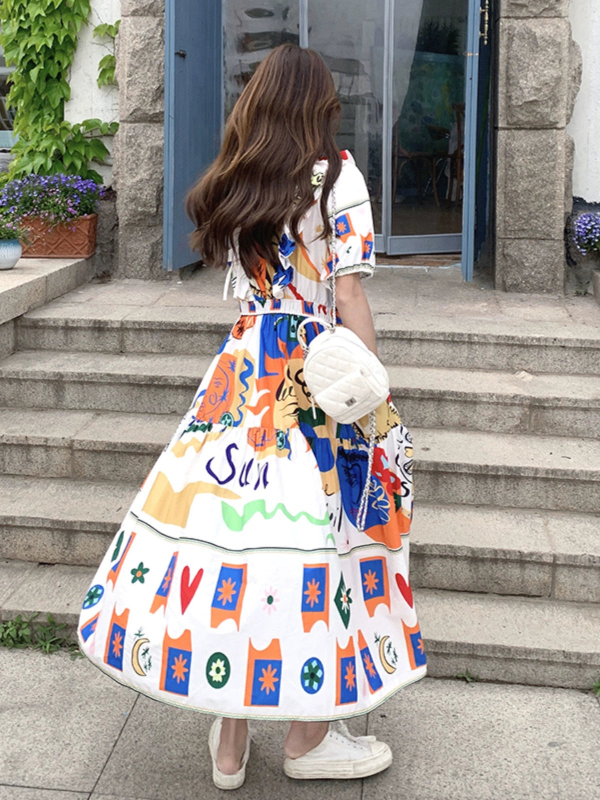 Dopamine dress Free shipping Tattoo Dopamine graffiti print dress women's summer 2024 new color art raw bubble sleeves age-reducing and thin dress