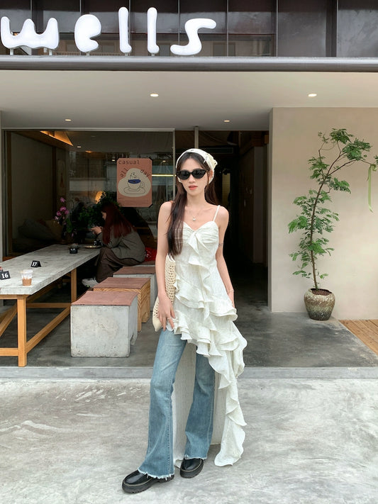 Fashion women's wear Tea Break French Irregular Ruffled Floral Strap Dress Women's Summer High-Grade Sense Beautiful Seaside Vacation Dress