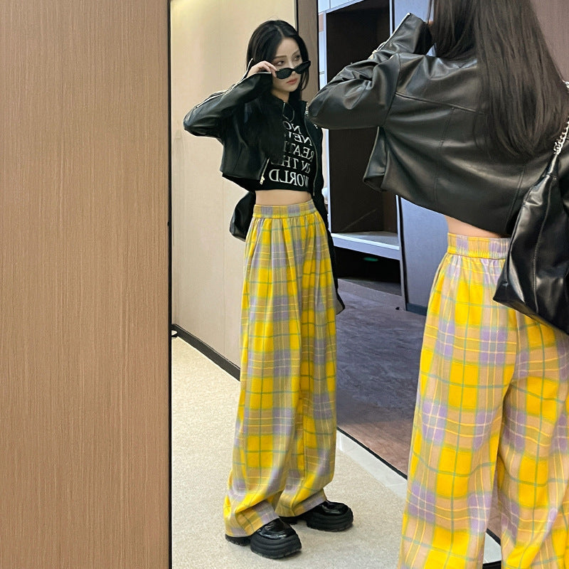 Dopamine pants Free shipping Tattoo Autumn 24 new dopamine plaid pants women's high-waisted versatile casual trousers narrow version vertical contrasting wide-leg trousers
