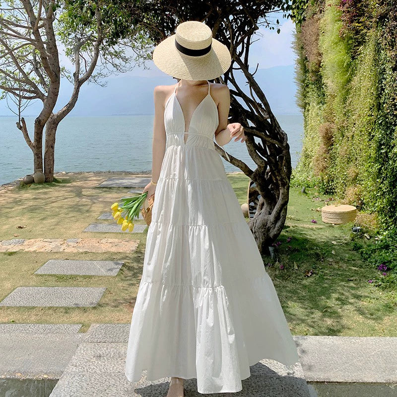 Fashion women's wear Yunnan Travel Photography Fairy Dress Orange Deep V-neck Backless Sling Dress Sanya Seaside Beach Skirt Female
