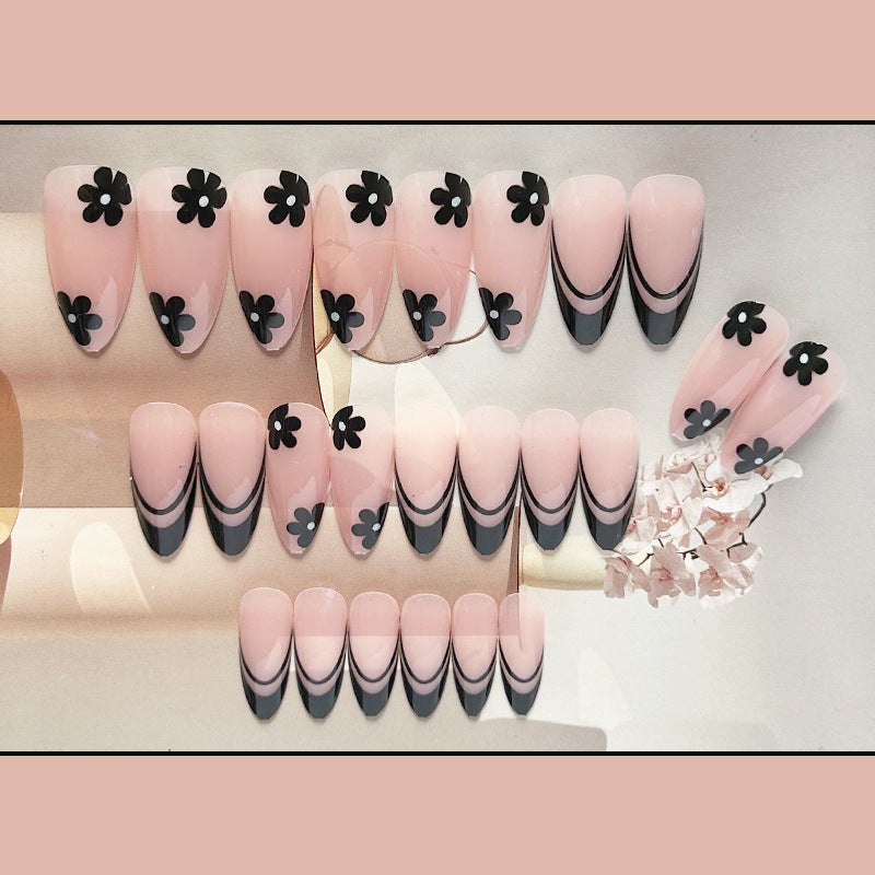 黑色小花穿戴甲法式nails 跨境美甲片外贸假指甲长尖甲型美甲贴片