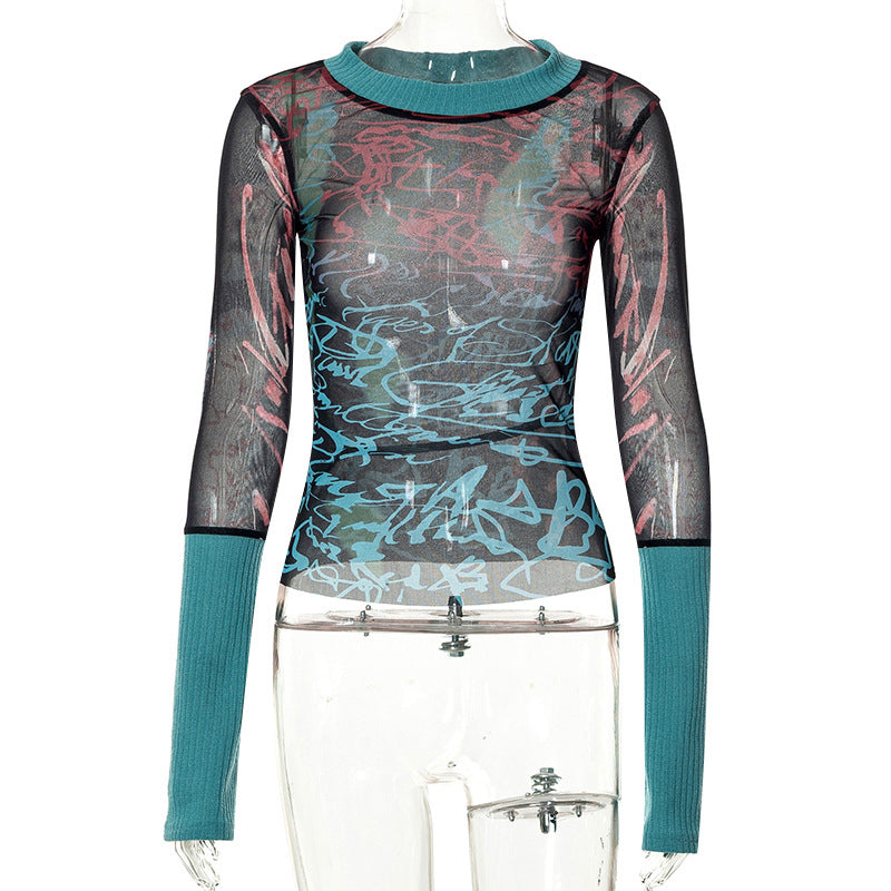 Fashion women's wear Q22tp540 Autumn New 2024 round Neck Pullover Long Sleeve Mesh Printed Casual  Women's Clothing Top T-shirt