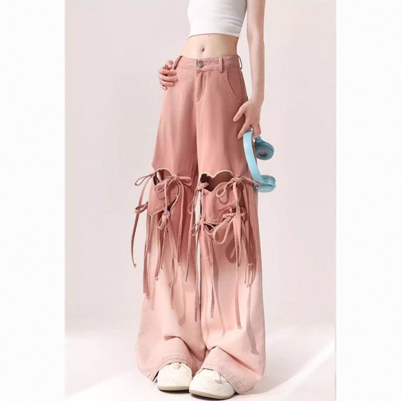 Dopamine pants Free shipping Tattoo Dopamine wears pink ripped jeans for women's summer thin new design loose and thin wide-leg pants