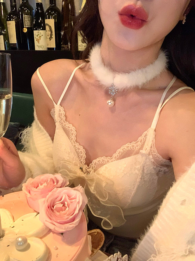 圣诞节双层雪花项链女毛绒choker颈链2023新款爆款锁骨链秋冬配饰