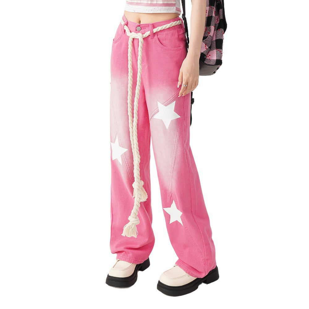 Free shipping  Dopamine wears pink star embroidered jeans for women's summer new high-waisted and thin straight wide-leg trousers pants