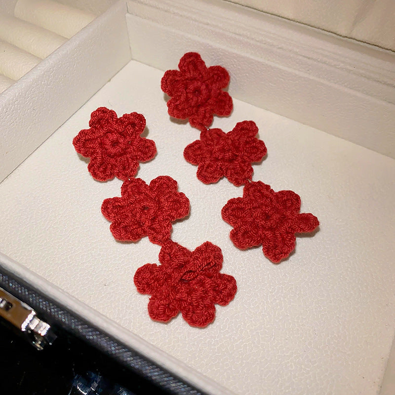 银针编织绳花朵流苏耳环小众时尚设计感耳钉新中式气质耳饰批发女