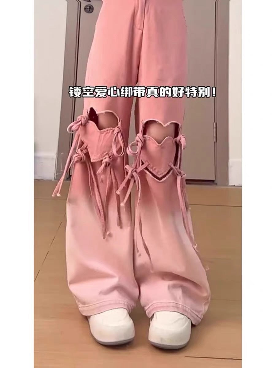 Free shipping  Dopamine pink love ripped jeans women's 2024 new summer design sense gradual change loose wide-leg pants
