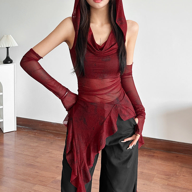 Free shipping   new women's clothing solid color slim street fashion hooded sleeveless gauze top tops