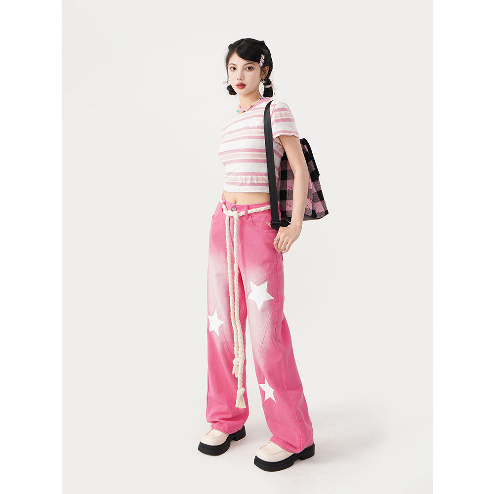 Free shipping  Dopamine wears pink star embroidered jeans for women's summer new high-waisted and thin straight wide-leg trousers pants