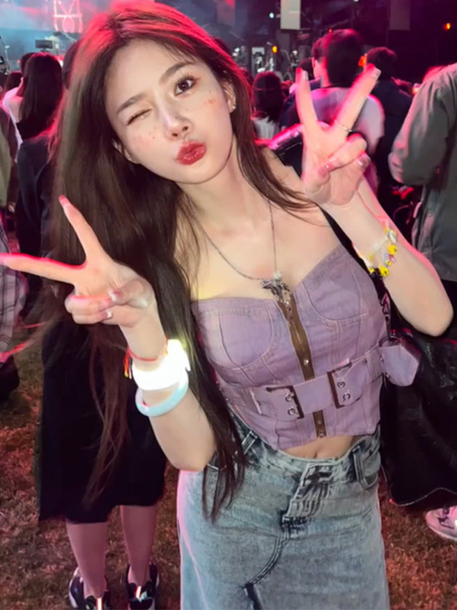 Dopamine tops Free shipping Tattoo Dopamine Spice Girl retro denim tube top women's summer new niche sexy and thin outer garter top