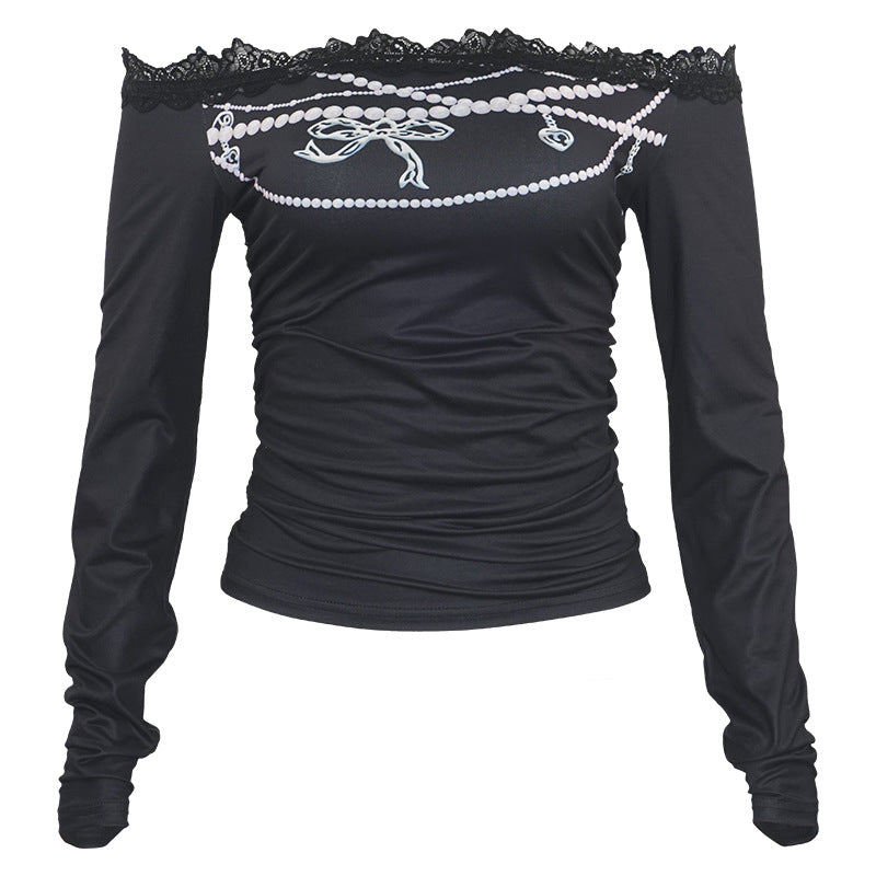 Free shipping   Shoulder Slim Long Sleeve Lace Splicing Skinny Short T-Shirt tops