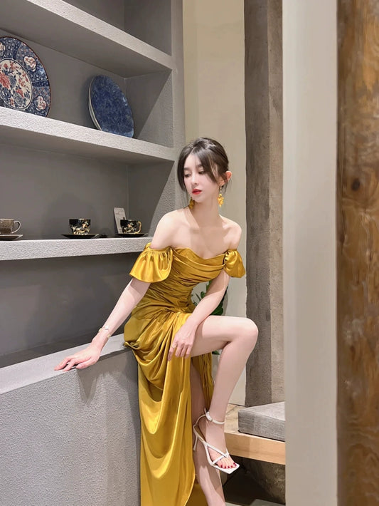 Fashion women's wear New  2024  Morning Gowns Bride Wedding Toast Dress Elegant Advanced Texture Tea Break Dress Women's Split Banquet Dress