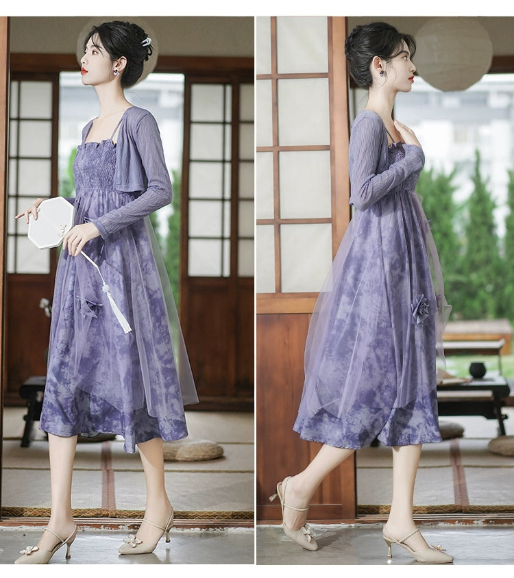 Fashion women's wear New Chinese Style Purple Strap Dress Suit Women's Spring 2024 New Small Fairy Lady Super Fairy Floral Skirt