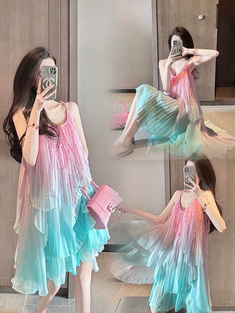 Fashion women's wear Seaside Vacation Sling Dress Women's 2024 Summer New Seaside Photograph Clothes Super Fairy Gradient Skirt Beach Skirt
