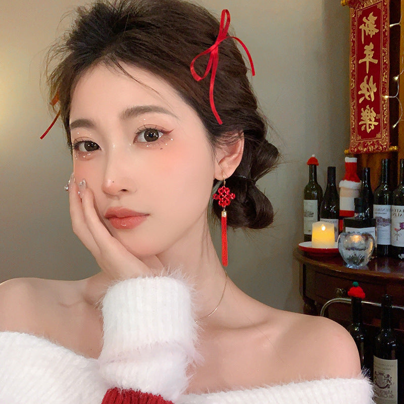 镶钻锆石中国结流苏耳扣过年喜庆百搭耳环新年高级感气质耳饰批发