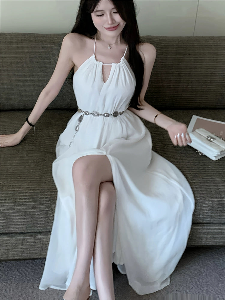 Fashion women's wear French Style Temperament White Halter Sling Dress Women's Summer Super Fairy Midriff Outfit Seaside Vacation Sanya Beach Dress