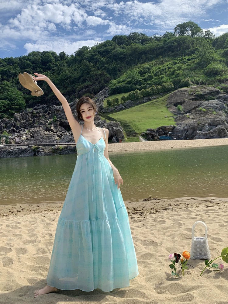 Fashion women's wear Tea Break French Blue Halter Spaghetti Straps Dress Women's Elegant Backless Seaside Holiday Beach Dress Long Skirt
