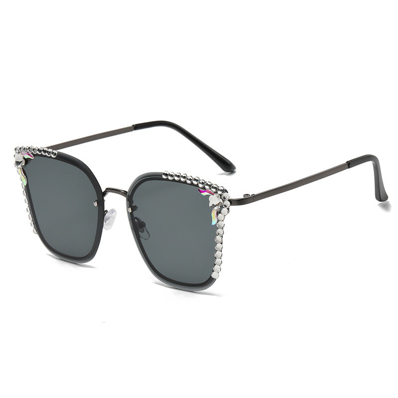 Women's fashion glasses 2023欧美猫眼镶钻摩登太阳镜金属半框时尚凹造型墨镜女士开车眼镜