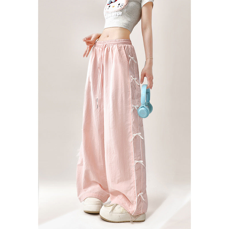 Dopamine pants Free shipping Tattoo Pink dopamine bow quick-drying overalls women's summer new thin straight casual loose wide-leg pants