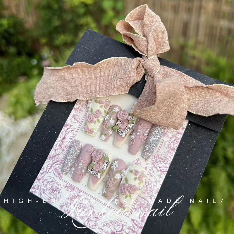 Hand-Made Nail Beauty Flower Three-Dimensional Sweet Fresh Temperament Korean Style Baby Pink Ice Cream Rose Hand-Painted