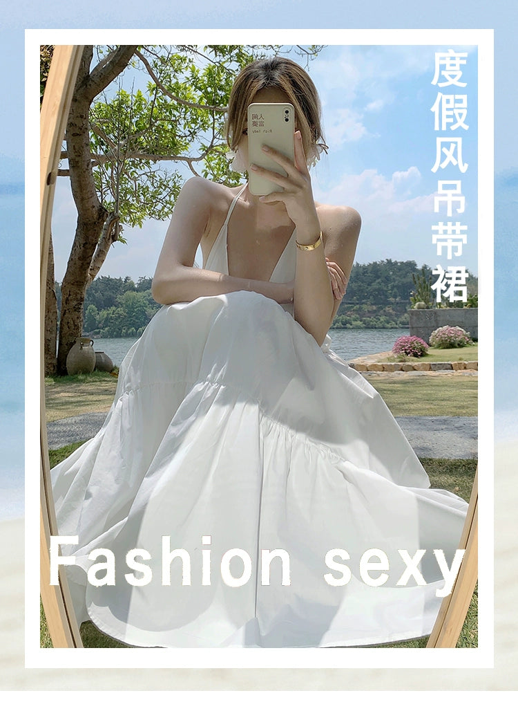 Fashion women's wear Yunnan Travel Photography Fairy Dress Orange Deep V-neck Backless Sling Dress Sanya Seaside Beach Skirt Female