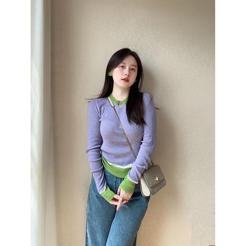 Dopamine tops Free shipping Tattoo Purple contrasting color dopamine wear temperament bottoming shirt knitted sweater women's autumn and winter inner wear foreign style age-reducing slim-fit top