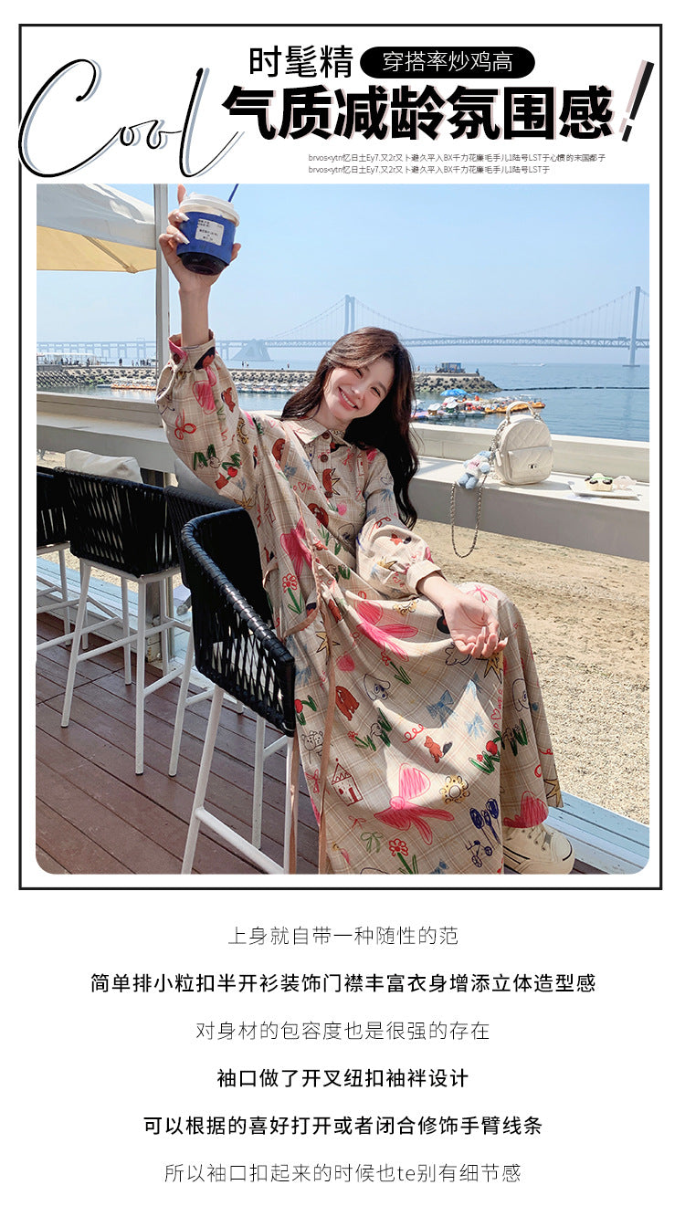 Dopamine dress Free shipping Tattoo Design sense niche printing graffiti dopamine printing polo collar long dress spring and autumn new Korean version loose dress