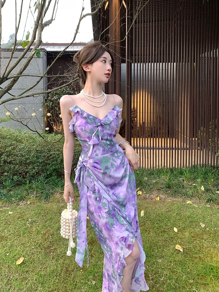 Fashion women's wear Purple Retro Irregular Yunnan Wear Travel Chiffon Floral Strap Dress Seaside Beach Skirt Summer