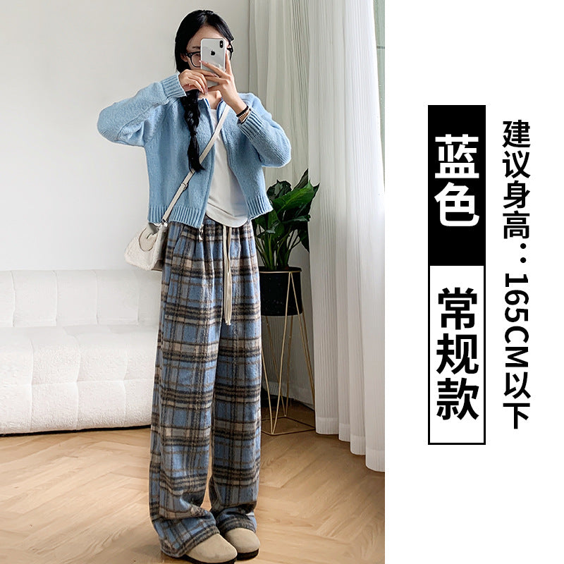 Free shipping  fashion style plaid casual pants women's dopamine wear design sense wide-leg thin straight trousers pants